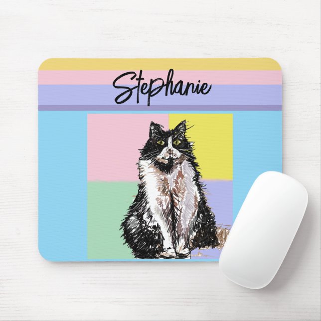 Tuxedo Cat Pastel Colors Pink Girls Name Mouse Mat (With Mouse)