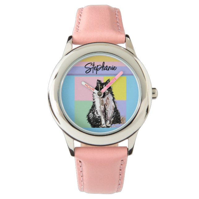 Tuxedo Cat Pastel Colors Pink Girls Name Watch (Front)