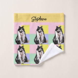 Tuxedo Cat Pastel Colours Pink Girls Kids Name Wash Cloth