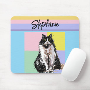 Tuxedo Cat Pastel Colours Pink Girls Name Mouse Mat