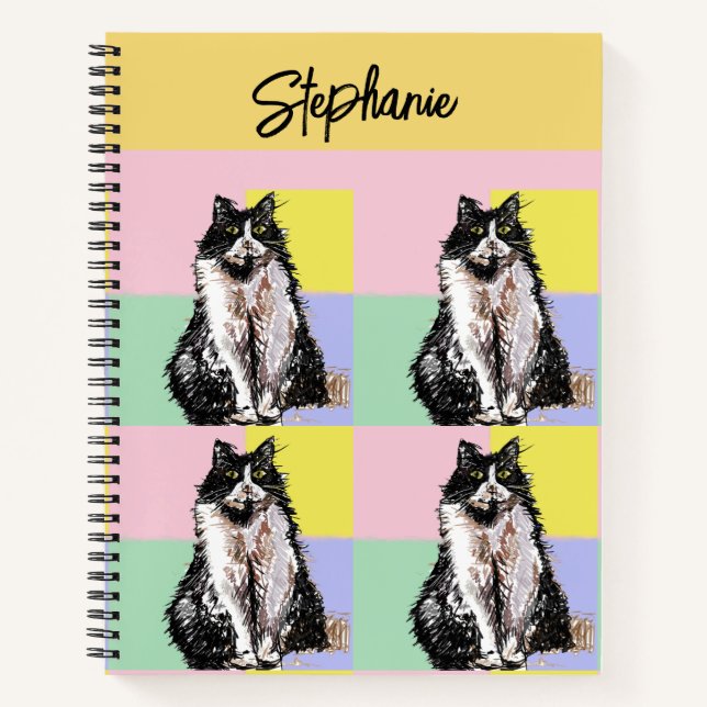 Tuxedo Cat Pastel Colours Pink Girls Name Notebook (Front)