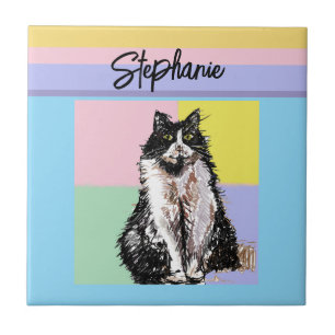 Tuxedo Cat Pastel Colours Pink Girls Name Tile