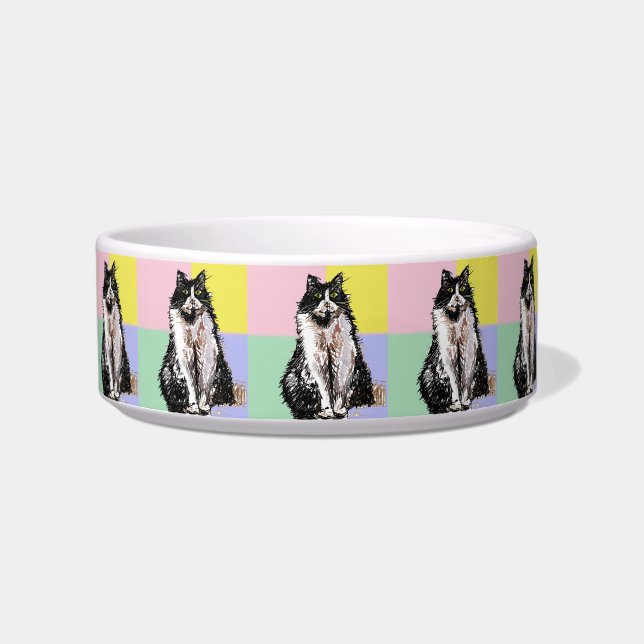 Tuxedo Cat Pastel Colours Pink Pet Name Bowl (Front)