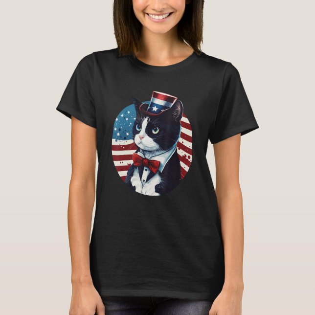 Tuxedo Cat Patriot USA 4th of July Men Women T-Shirt (Front)