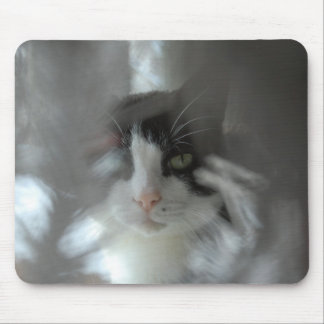 Tuxedo cat peering through branches mouse mat