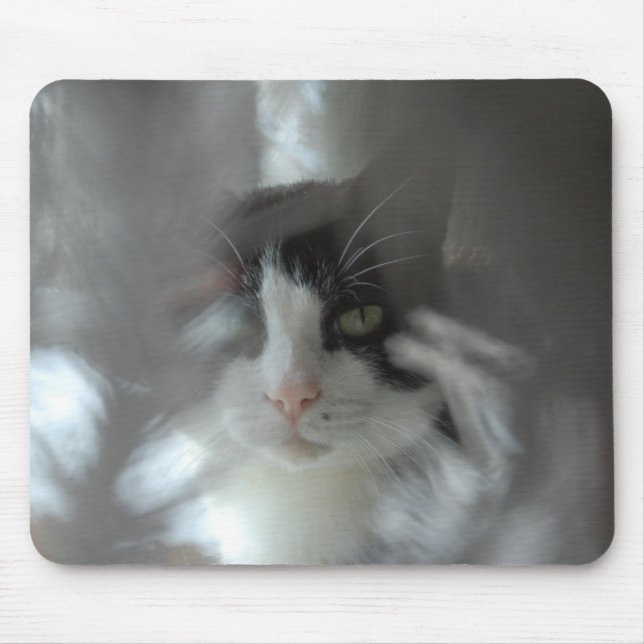 Tuxedo cat peering through branches mouse mat (Front)