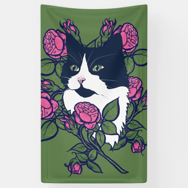 Tuxedo Cat Peony Floral Art Tuxie Cats Banner (Vertical)