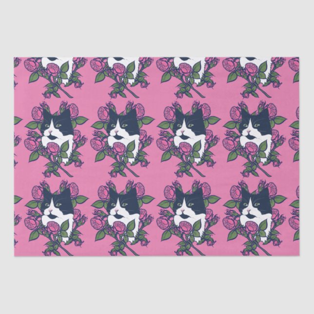 Tuxedo Cat Peony Floral Art Tuxie Cats Tissue Paper (Front)
