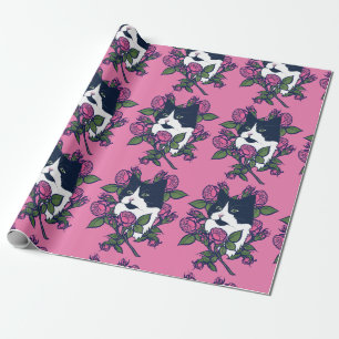 Tuxedo Cat Peony Floral Art Tuxie Cats Wrapping Paper