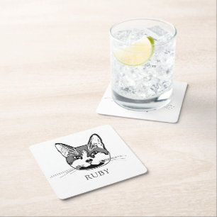 Tuxedo Cat Personalised Hand Drawing Square Paper Coaster