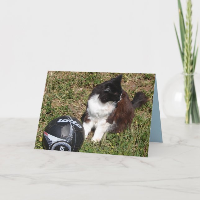 Tuxedo Cat Playing Football Cute Black Cats Card (Front)