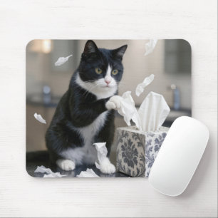 Tuxedo Cat Playing with a Tissue Box Mouse Mat