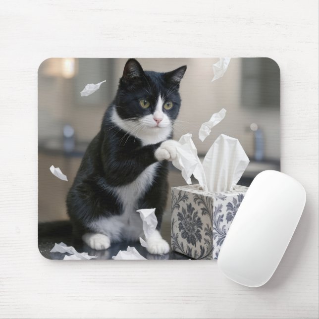 Tuxedo Cat Playing with a Tissue Box Mouse Mat (With Mouse)