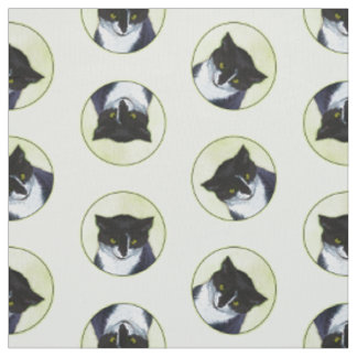 Tuxedo Cat Portrait Painting Cute Original Art Fabric