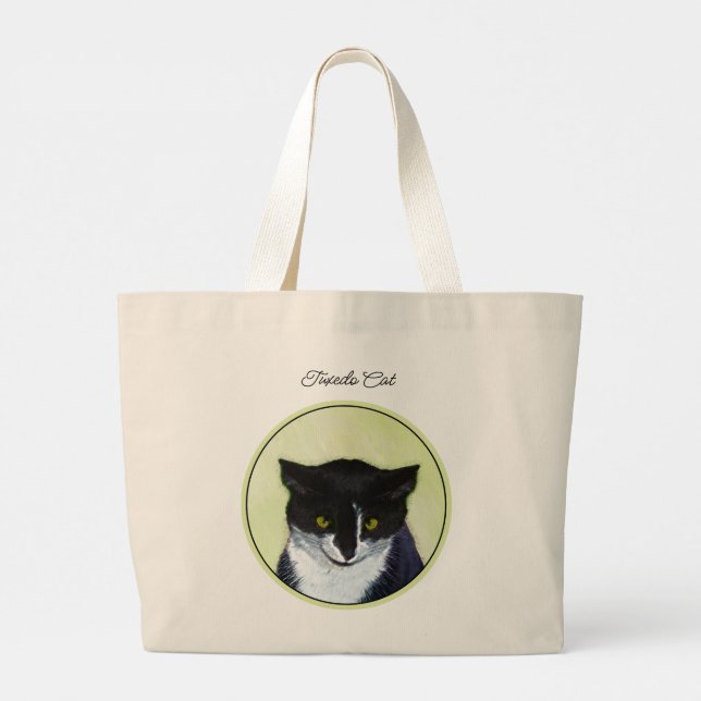 Tuxedo Cat Portrait Painting Cute Original Art Large Tote Bag (Back)