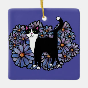 Tuxedo Cat Purple Daisies Art                      Ceramic Ornament