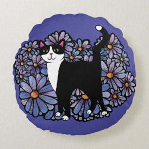 Tuxedo Cat Purple Daisies Art Round Cushion
