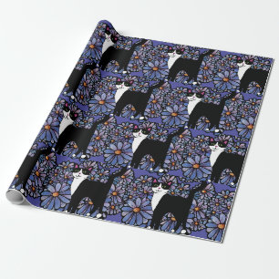 Tuxedo Cat Purple Daisies Art Wrapping Paper