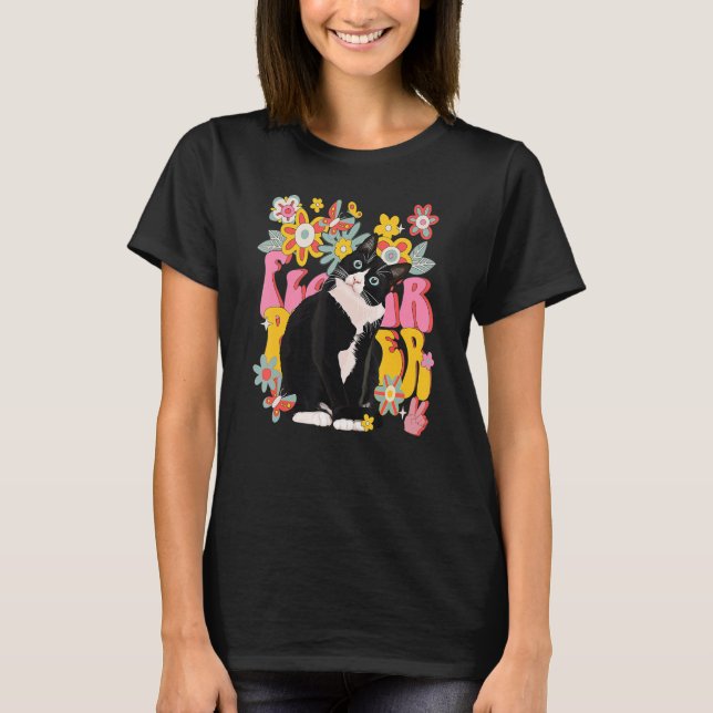 Tuxedo Cat Retro 60s 70s Vibe Flowers Peace Sign V T-Shirt (Front)