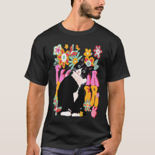 Tuxedo Cat Retro 60s 70s Vibe Flowers Peace Sign V T-Shirt
