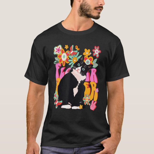 Tuxedo Cat Retro 60s 70s Vibe Flowers Peace Sign V T-Shirt (Front)