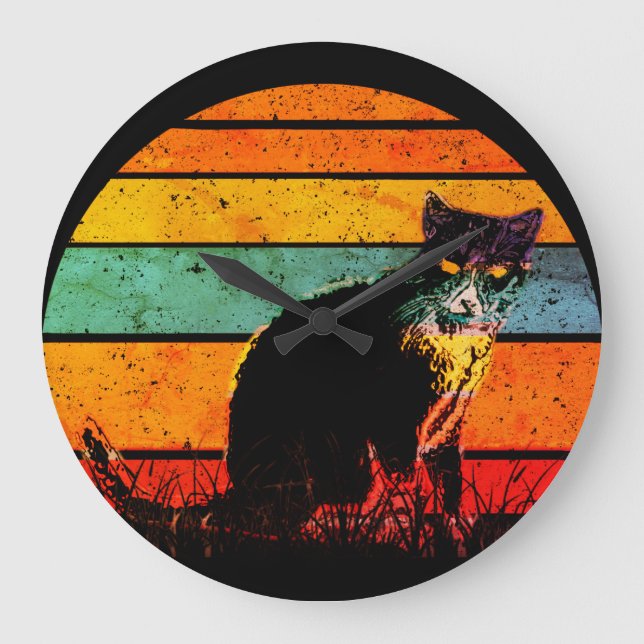 Tuxedo Cat Retro Style Vintage Sunset Large Clock (Front)