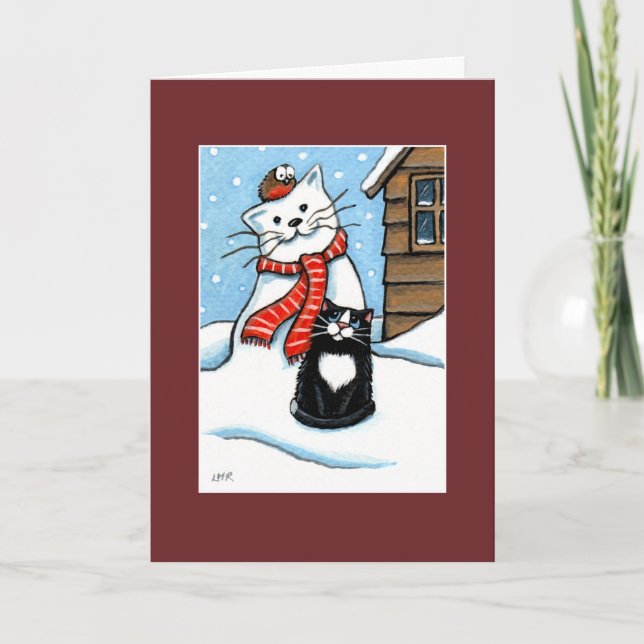 Tuxedo Cat, Robin & Snowman Christmas Card (Front)