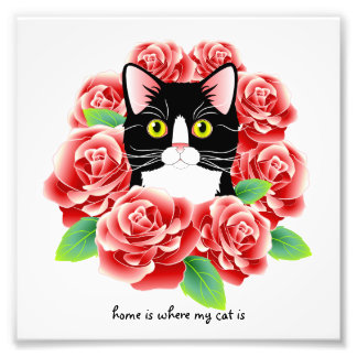 Tuxedo Cat Roses Print "home is where my cat is"