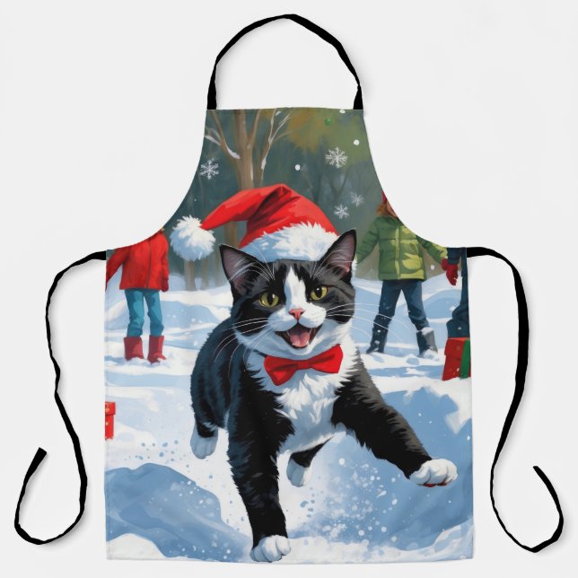 Tuxedo Cat Running in Snow with Christmas Hat Apron (Front)