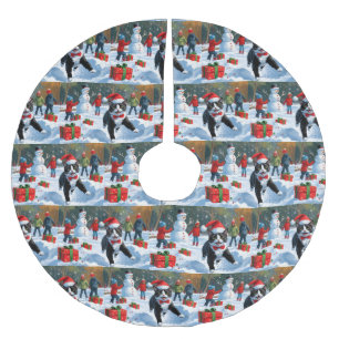 Tuxedo Cat Running in Snow with Christmas Hat Brushed Polyester Tree Skirt