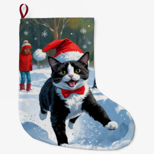 Tuxedo Cat Running in Snow with Christmas Hat Large Christmas Stocking