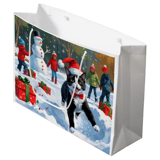 Tuxedo Cat Running in Snow with Christmas Hat Large Gift Bag (Front Angled)