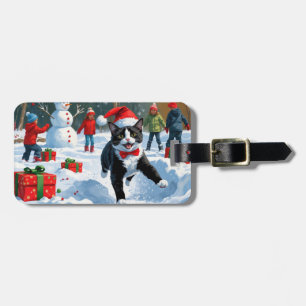 Tuxedo Cat Running in Snow with Christmas Hat Luggage Tag
