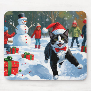 Tuxedo Cat Running in Snow with Christmas Hat Mouse Mat