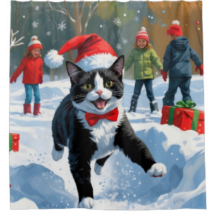 Tuxedo Cat Running in Snow with Christmas Hat Shower Curtain