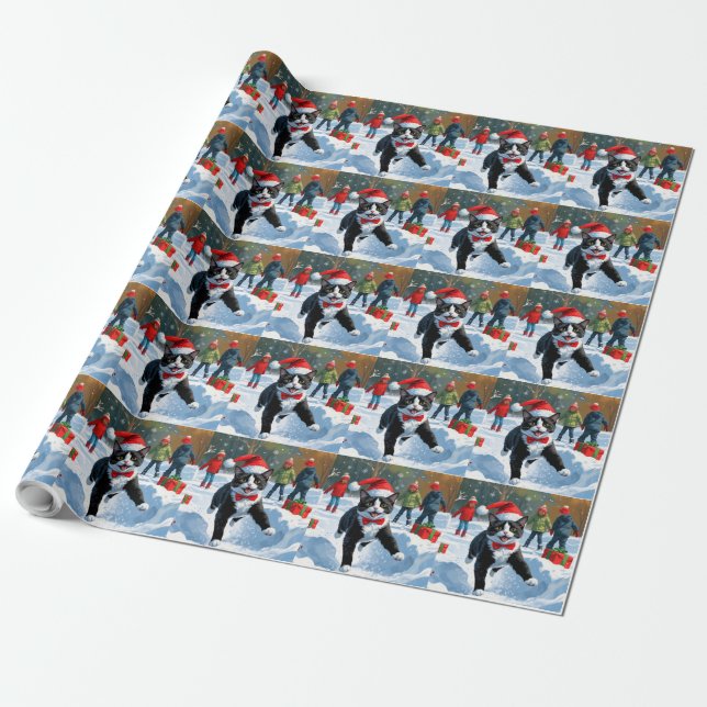 Tuxedo Cat Running in Snow with Christmas Hat Wrapping Paper (Unrolled)