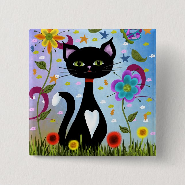 Tuxedo Cat Sitting In A Garden 15 Cm Square Badge (Front)