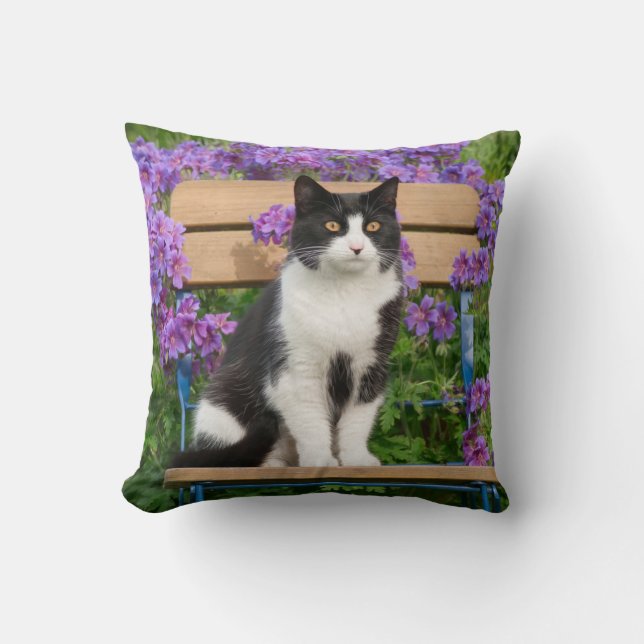Tuxedo cat sitting on a garden chair with flowers cushion (Front)
