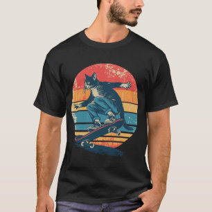 Tuxedo Cat Skateboarder Retro 70s 80s Sunset Graph T-Shirt