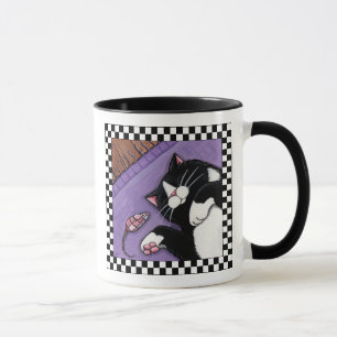 Tuxedo Cat Sleeping Near Toy Mouse   Cat Art Mug