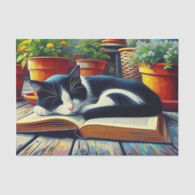 Tuxedo Cat Sleeping on a Book Garden Decoupage Tissue Paper (Front)