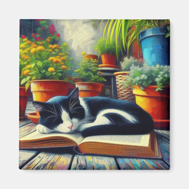 Tuxedo Cat Sleeping on a Book Garden Painting Magnet (Front)