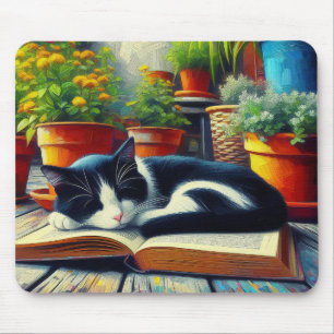 Tuxedo Cat Sleeping on a Book Garden Painting Mouse Mat