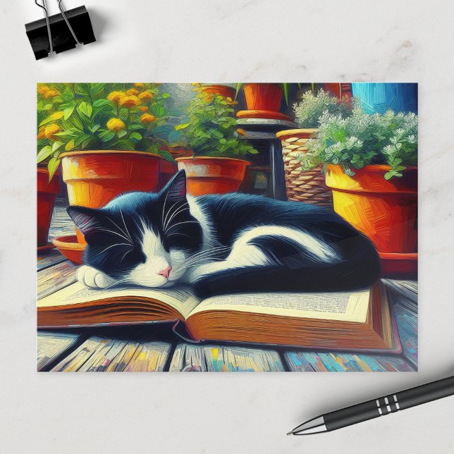 Tuxedo Cat Sleeping on a Book Garden Painting Postcard (Creator Uploaded)