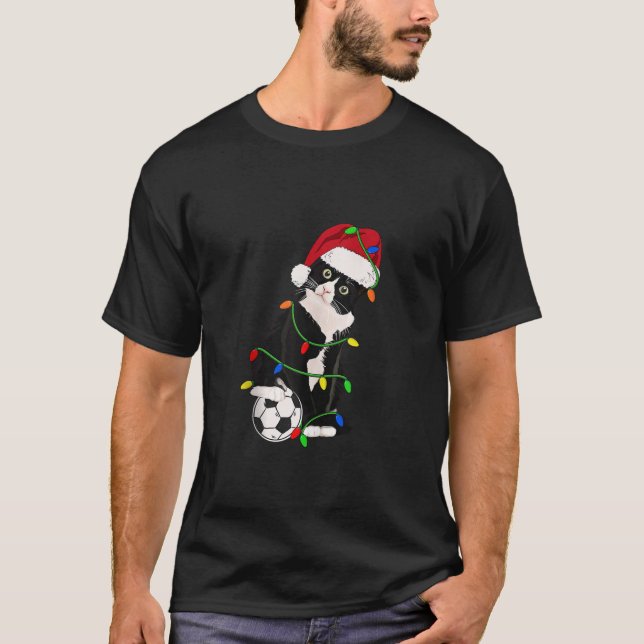 Tuxedo Cat Soccer Player Santa Tuxie Christmas Tre T-Shirt (Front)