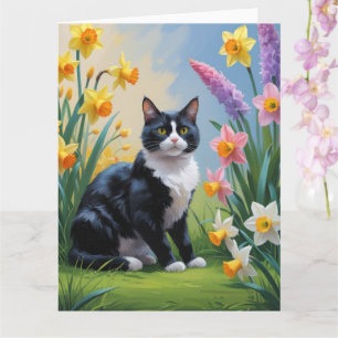 Tuxedo Cat Spring Flowers Painting Card