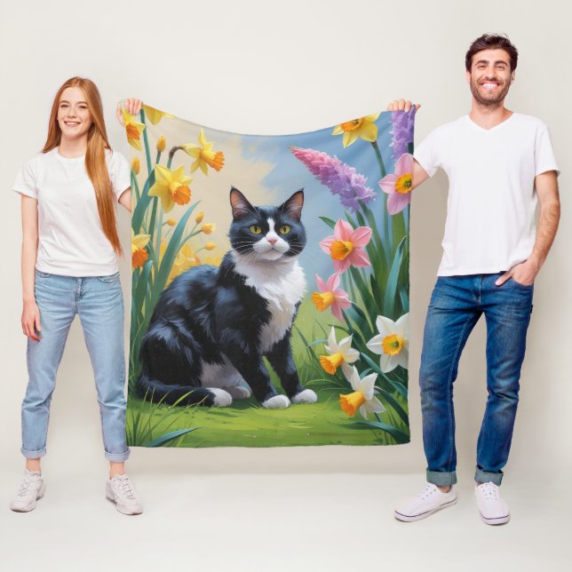 Tuxedo Cat Spring Flowers Painting  Fleece Blanket (In Situ)