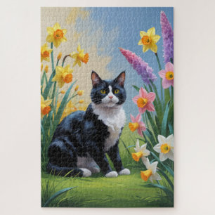 Tuxedo Cat Spring Flowers Painting  Jigsaw Puzzle