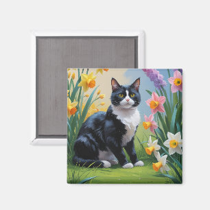 Tuxedo Cat Spring Flowers Painting Magnet
