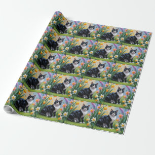 Tuxedo Cat Spring Flowers Painting Wrapping Paper